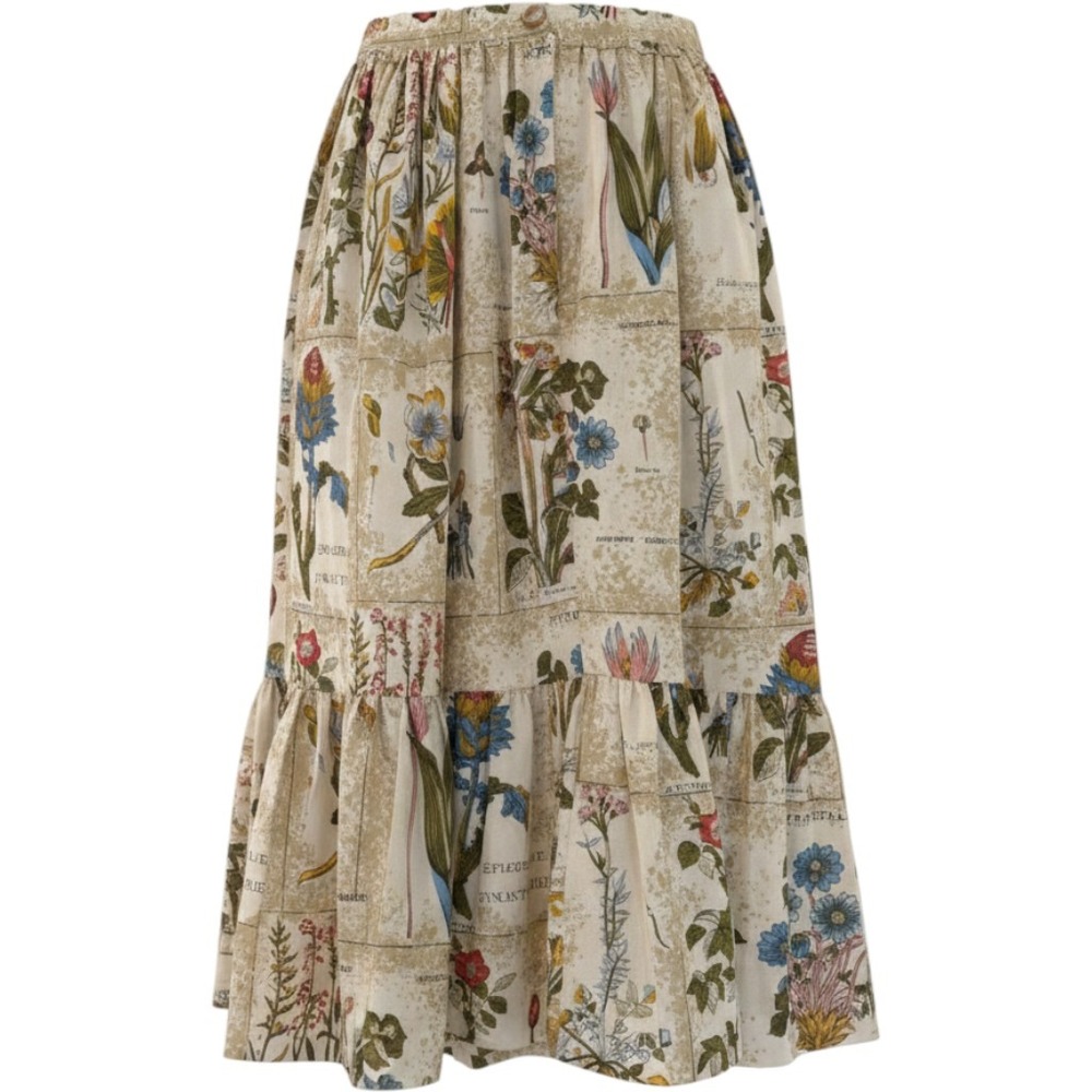 Unbranded Botanical Print Skirt Women 28 Cream Tiered Ruffle Midi Cottagecore